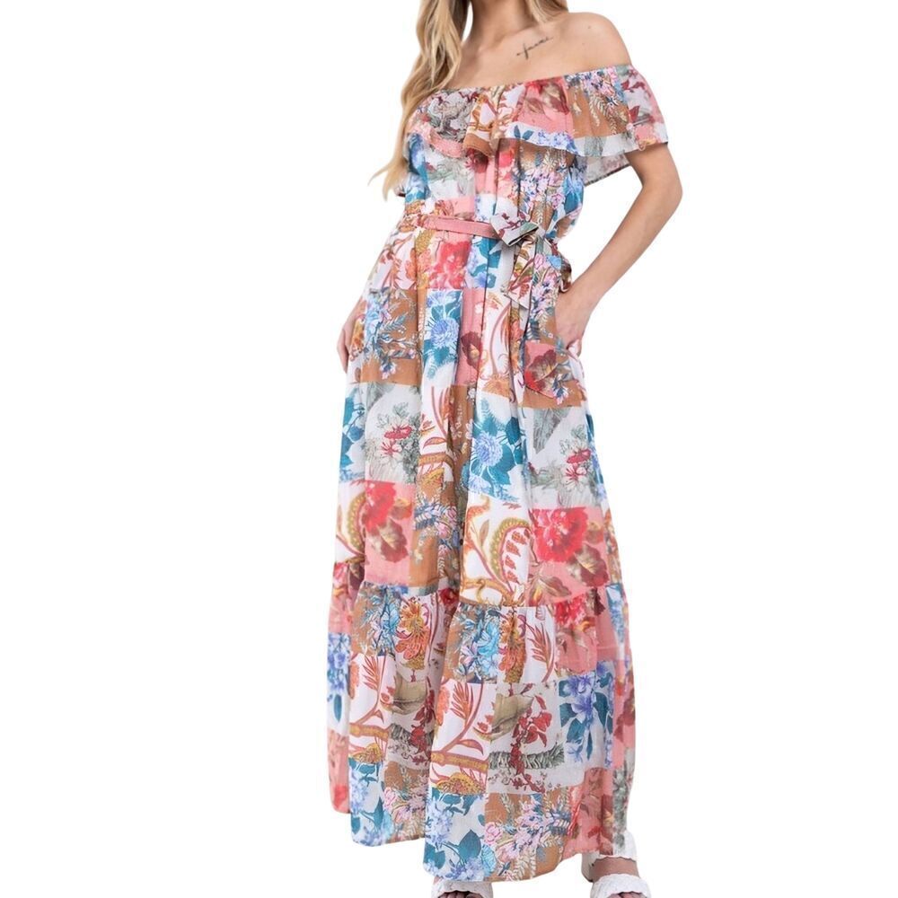 Ces Femme Boutique Dress Women's Medium Patchwork Floral Boho Off Shoulder Maxi